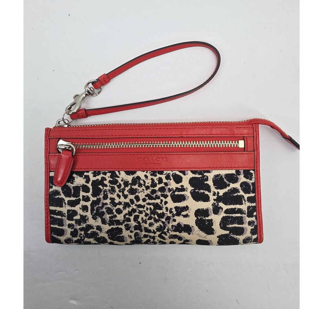 Coach Red Leather Ocelot Leopard Print Canvas Wristlet Wallet 52467